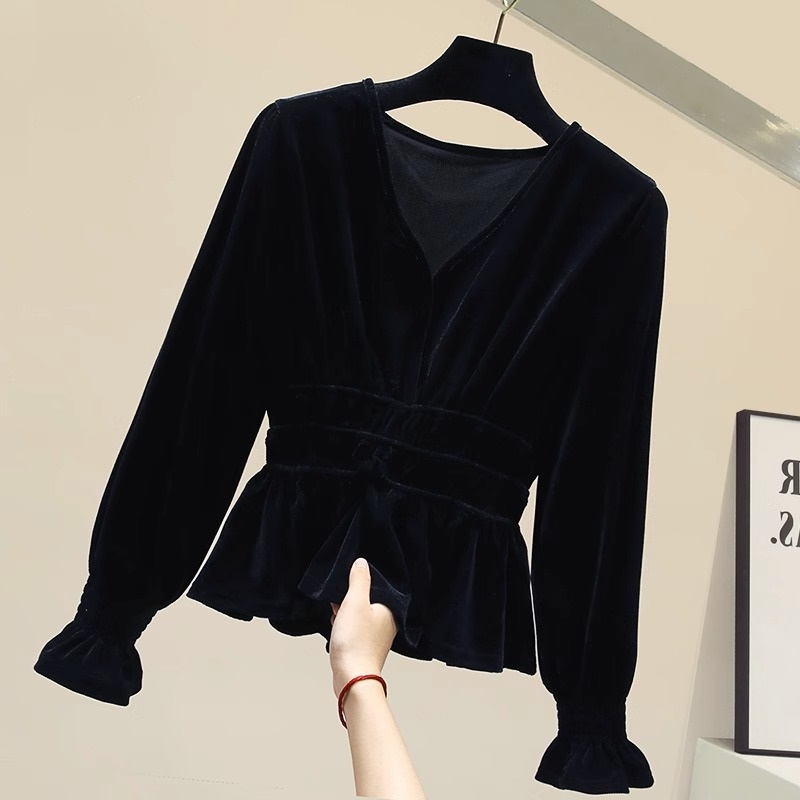 低领打底衫女内搭冬新款洋气减龄体泡泡袖v领金丝绒上衣1208w