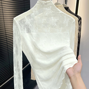保暖上衣高1219e 木耳边网纱内搭修身 高领蕾丝加绒打底衫 女秋冬季