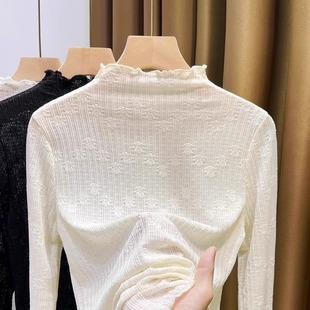 高领蕾丝打底衫 女内搭毛衣洋气秋冬冬加厚加绒收腰气质网纱1219e
