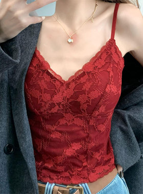 秋冬红色保暖内衣蕾丝吊带背心内搭带胸垫美背文胸一体打1222k