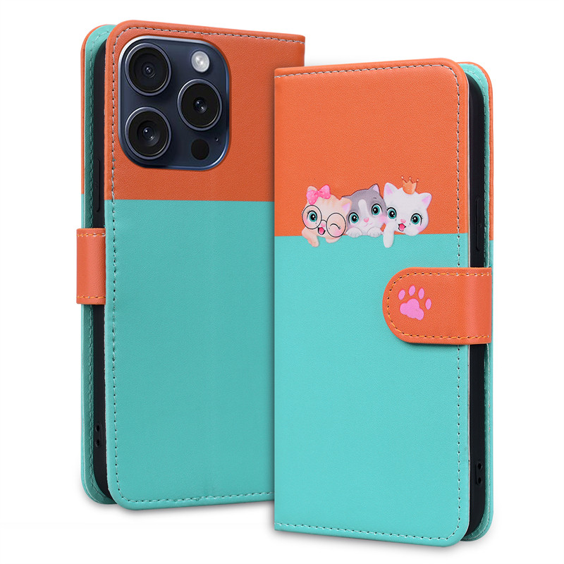 适用苹果15promax手机壳13皮套7/8plus卡通猫爪mini双拼色SE3萌宠猫咪XR软壳全包11支架动物零钱包式翻盖式