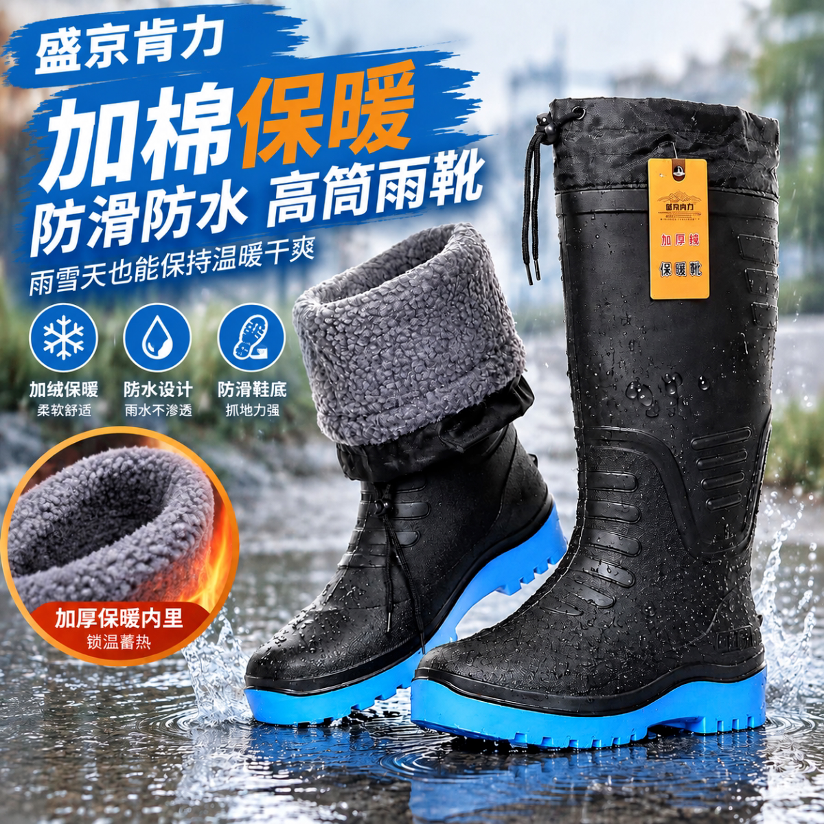 盛京肯力男士高筒加绒防滑雨鞋
