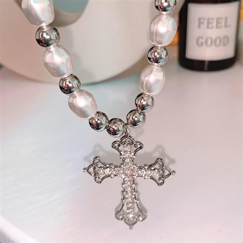 2022 Trendy Pearl Cross Pendant Necklace Hip Hop Retro Men W