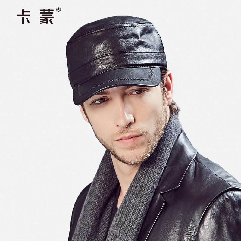 山羊皮帽子男士真皮帽户外时尚平顶帽秋冬真皮男帽冬季保暖鸭舌帽