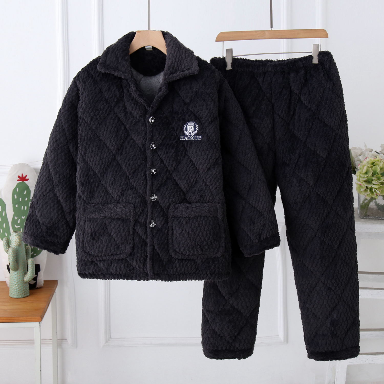 冬季男士三层保暖加厚夹棉袄睡衣