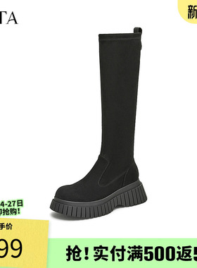 TATA他她厚底显瘦长筒靴女靴子黑色气质瘦瘦靴弹力靴新CAC02DG4