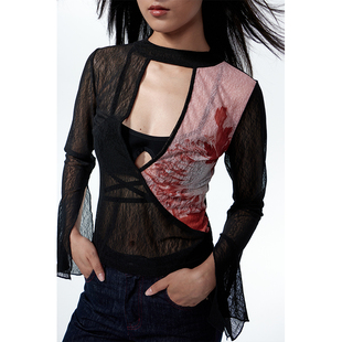 NEONPOND天池秘境 仙萼长春印花深V拼接弹力网眼丝绒长袖