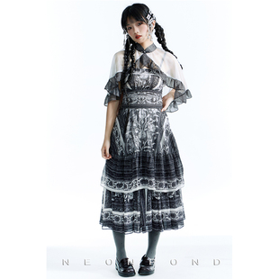 NEONPOND 少银苗岭天丝皱盘扣披肩吊带大摆荷叶边连衣裙蓬蓬裙