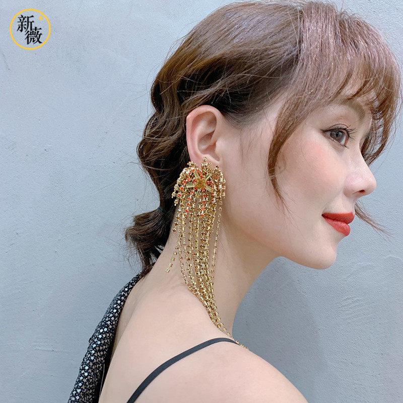 新薇夸张拼色水钻流苏耳环女2024长款大气吊坠个性耳钉无耳洞耳夹