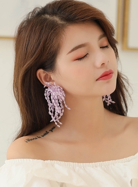 新薇新款紫色透人造水晶耳坠长款流苏耳针时尚气质925银针耳环女