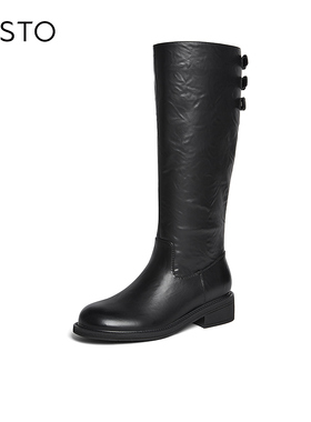 百思图2025冬季新款通勤黑色骑士靴复古粗跟女高筒长靴B7621DG5