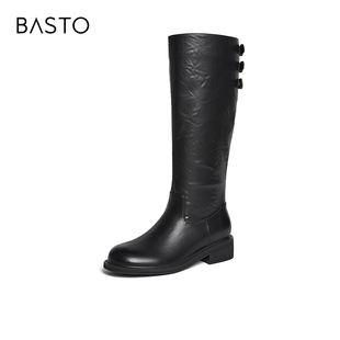 百思图2025冬季 通勤黑色骑士靴复古粗跟女高筒长靴B7621DG5 新款