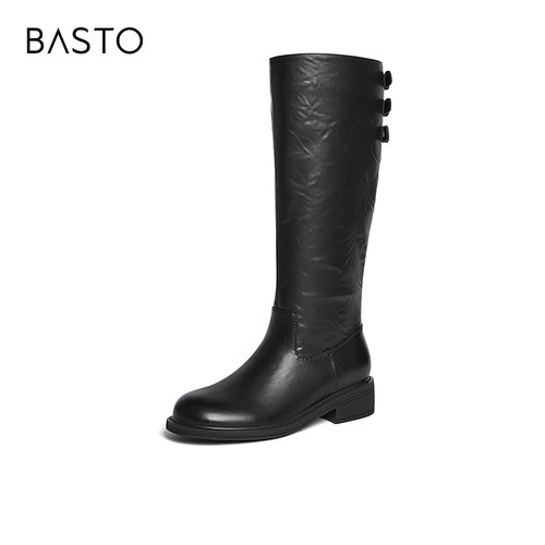 百思图2025冬季新款通勤黑色骑士靴复古粗跟女高筒长靴B7621DG5