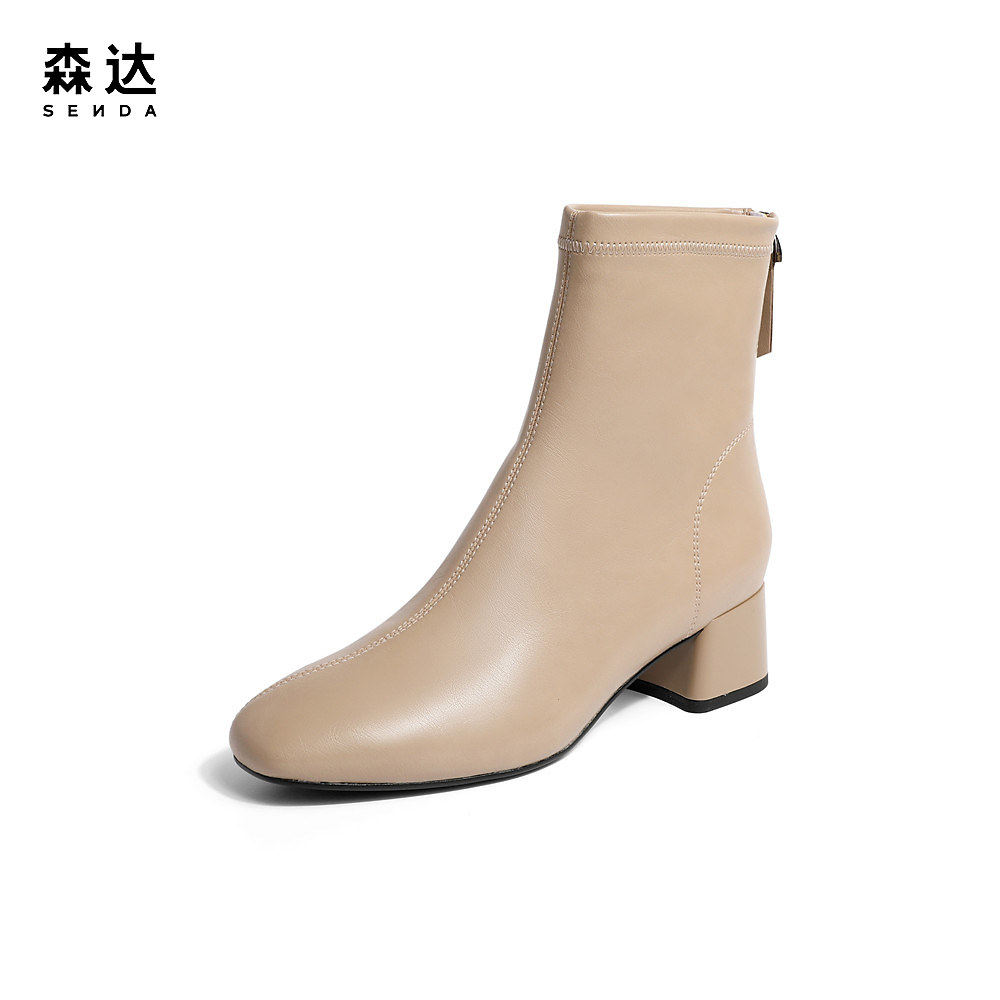 森达简约时装靴女冬季新款气质粗跟休闲中筒靴4mh60dz2