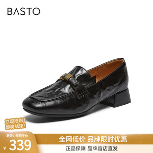 简约复古通勤粗跟女单鞋 乐福鞋 C7255AA6 新款 百思图2026春季