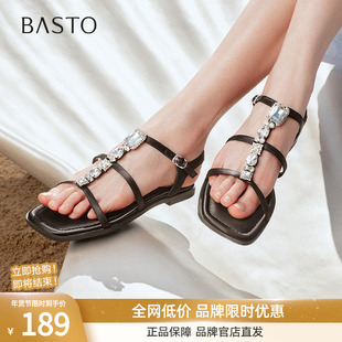 百思图2025夏季新款时尚复古绑带银色罗马凉鞋平底女凉鞋B5306BL5