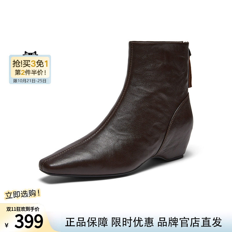 百思图2026冬季新款复古通勤羊皮方头粗跟内增高女短靴K6850DD6