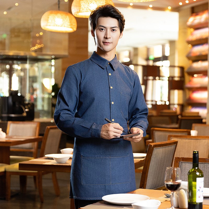 酒店餐厅服务员牛仔衬衣长袖奶茶店咖啡店工作服男女工作制服