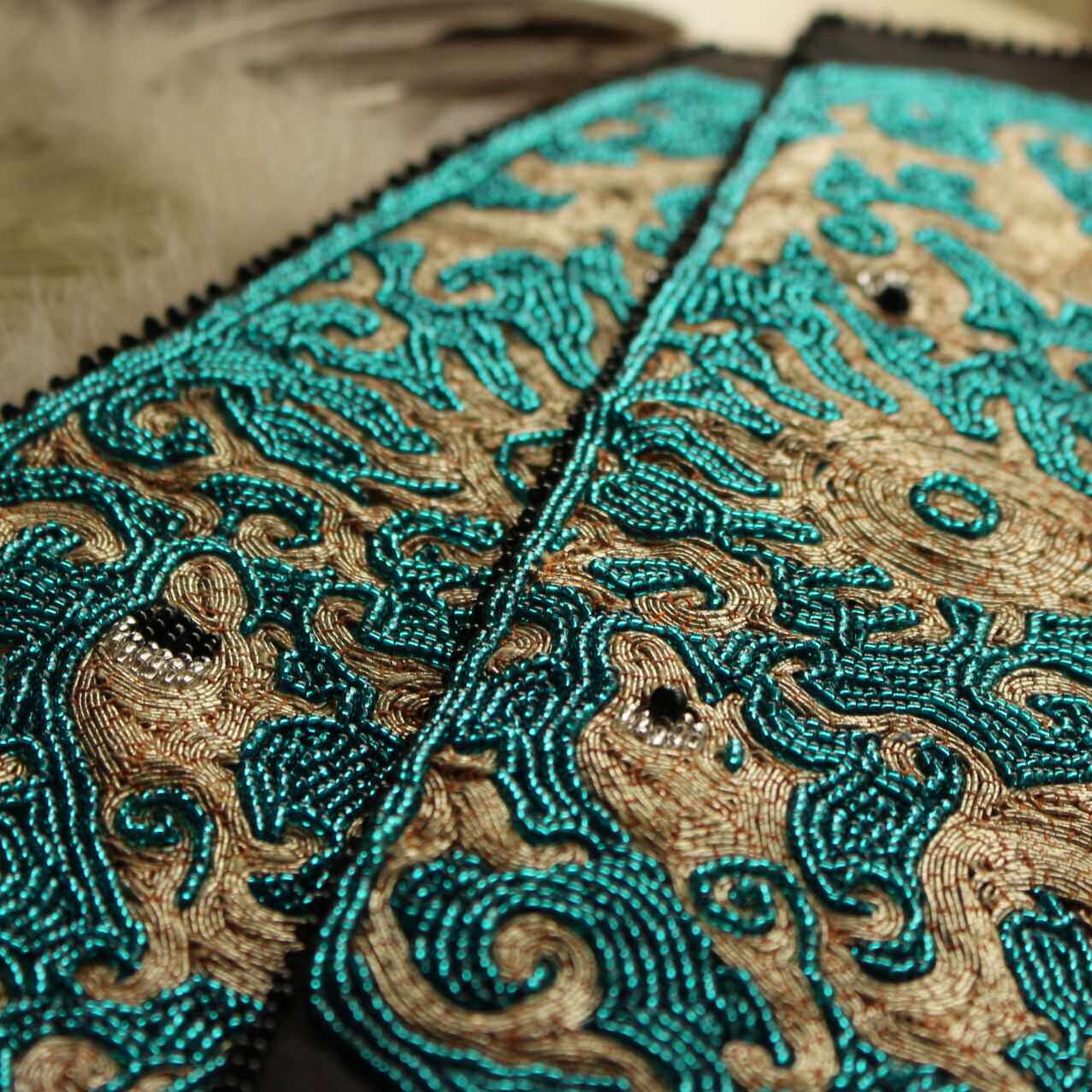 精心设计老绣品 真丝香云纱手绣钉珠双龙戏珠中式宽腰封腰带孤品