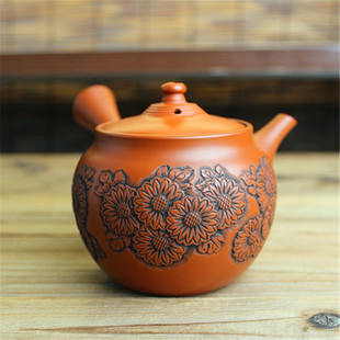 日本常滑烧村越风月作 伯宝雕30年前制作 小雏菊朱泥侧把急须茶壶