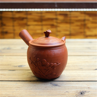 日本常滑烧已故名家 横手侧把急须茶壶 伊藤不老朱泥堆塑梅花日式