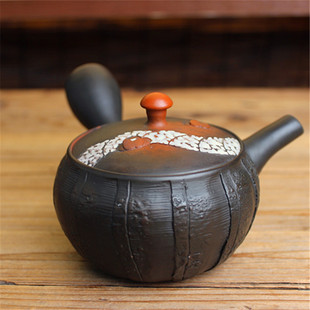 日本常滑烧已故窑变大师素三龟冈克史 纯手工横手侧把急须壶 日式