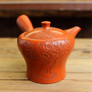 日本常滑烧已故贤治作 40年前老朱泥樱花雕横手侧把泡茶急须茶壶