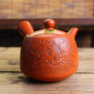 日本常滑烧已故匠人 老朱泥雕刻牡丹横手侧把泡茶急须 中野光悦作