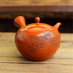 日本常滑烧已故名家 梅原玉堂千羽拭朱泥喜鹊喜上眉梢侧把急须壶