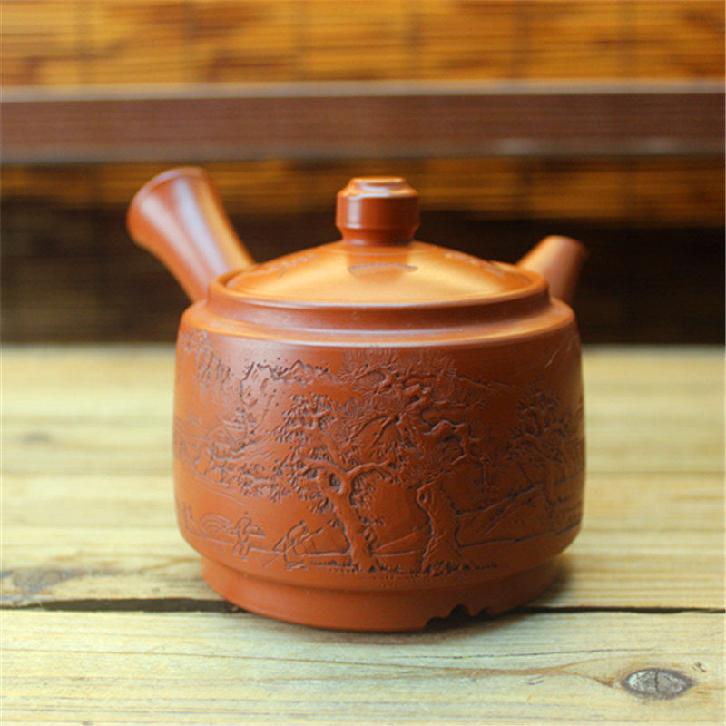 日本常滑烧 初代春山梅原竹松 兰亭曲水老朱泥横手侧把泡茶急须壶
