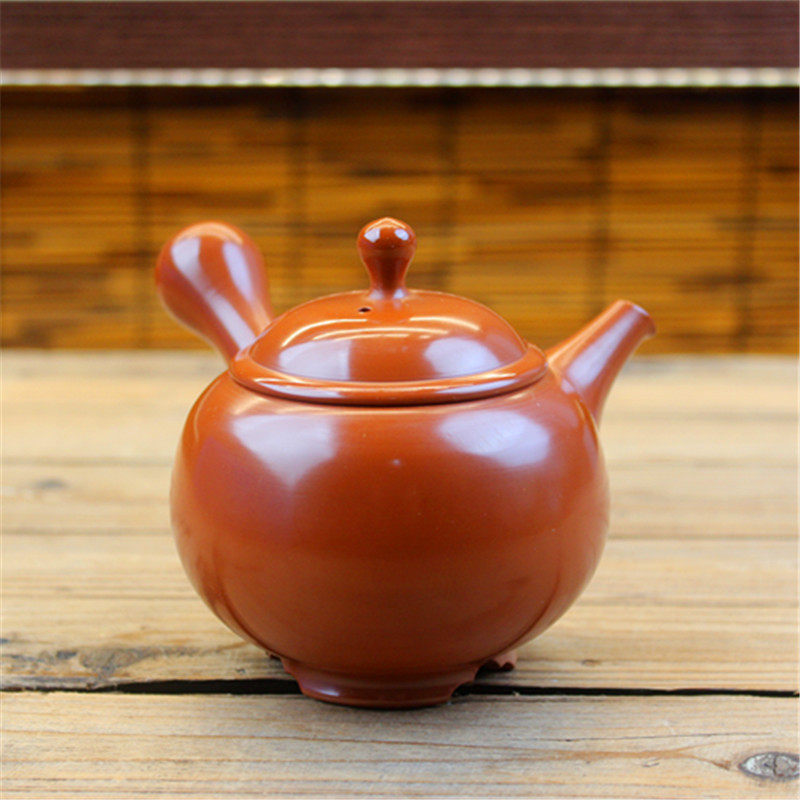 日本常滑烧吉川雪堂作 朱泥千羽拭印笼盖日式纯手工侧把急须茶壶