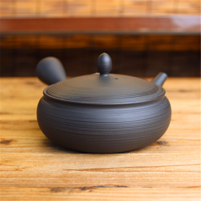 常滑烧千段纹朱泥熏黑侧把急须壶