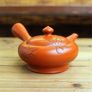日本常滑烧已故匠人 老朱泥雕刻枫叶小容量侧把急须茶壶 玉春作