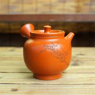 日本常滑烧二代沢田昭邨作 鸣凤山人刻 朱泥喜上眉梢横手侧把急须