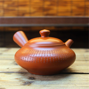 常滑烧已故肥田菁圃作 纯手工横手侧把泡茶急须壶 老朱泥刻字日式