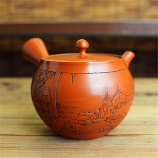 日本常滑烧名家 山田宝生作 吉川壶堂刻 东海道横手侧把急须茶壶