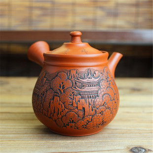 日本常滑烧村越风月作 吉川壶堂刻 朱泥钱袋型金刚山横手侧把急须