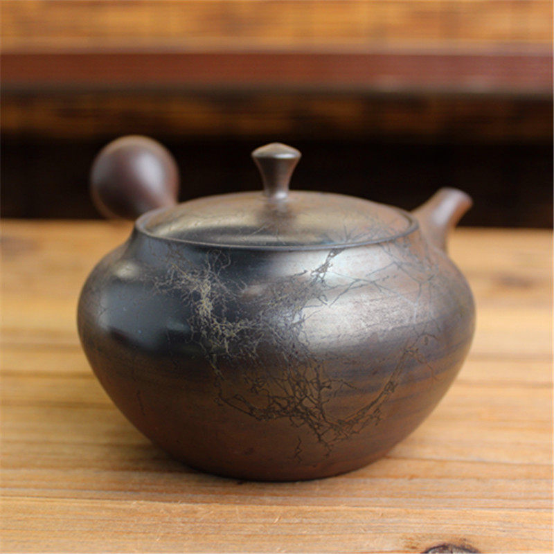 日本常滑烧已故大师山田宝生 火窑变藻挂横手侧把急须泡茶壶