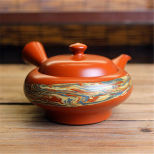 日本常滑烧已故大师 50年前千羽拭搅泥横手侧把急须壶 久田阳山制