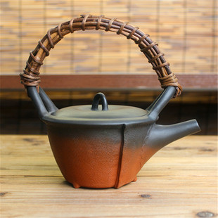 日本常滑烧已故大师 朱泥窑变藤条提梁急须壶 四代素三龟冈克史作