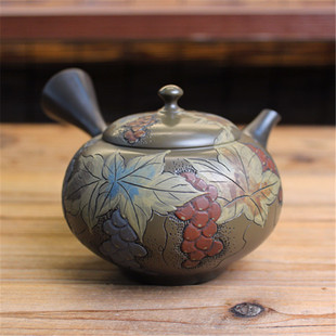 日本常滑烧已故名匠 彩绘葡萄绿泥横手侧把急须壶 伊藤昭阳20年前