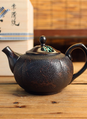 日本常滑烧名匠 香臣窑加藤忠臣 大理石藻挂麻面四角后手急须茶壶