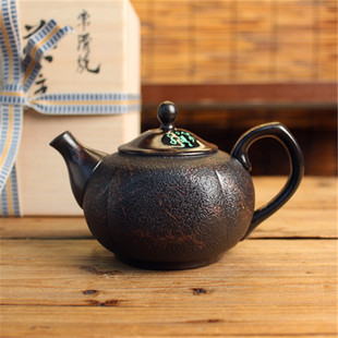 日本常滑烧名匠 香臣窑加藤忠臣 大理石藻挂麻面四角后手急须茶壶