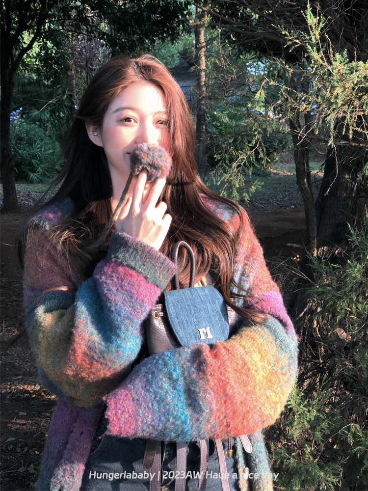 HUNGERLABABY|24AW 미국 복고풍 게으른 스타일 작은 여성을위한 다채로운 후드 가디건 스웨터 재킷