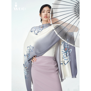 嫵WOO 桑蚕丝羊绒女士手工刺绣搭配旗袍高端披肩围巾 墨韵花开