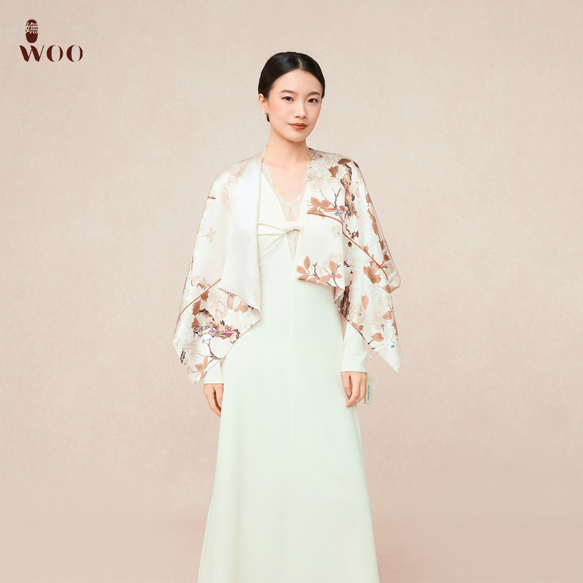 嫵WOO【中式盘扣】新品海棠富贵鸟丝巾女春秋桑蚕丝围巾披肩国风