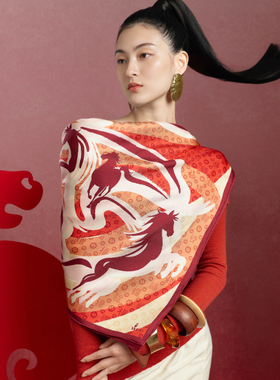 嫵WOO 【礼赠推荐】八骏迎福节日红色真丝印花丝巾大方巾商场同款