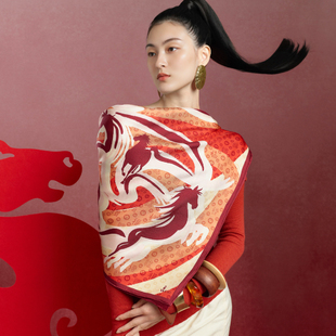 八骏迎福节日红色真丝印花丝巾大方巾商场同款 嫵WOO 礼赠推荐