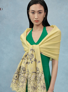 WOO妩羊绒刺绣蕾丝春夏蕾羊绒披肩长款围脖纯色送礼围巾女