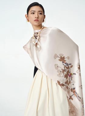 嫵WOO【中式盘扣】新品海棠富贵鸟丝巾女春秋桑蚕丝围巾披肩国风